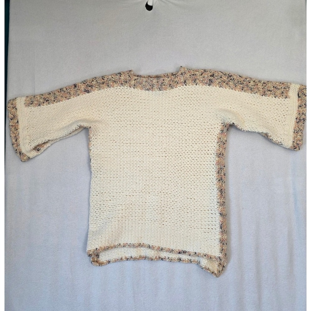 Handmade Crochet Knit Top Medium Cream Multi Color Cotton Blend Cottagecore Boho